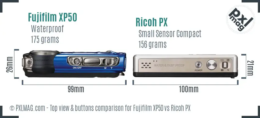 Fujifilm XP50 vs Ricoh PX top view buttons comparison Fujifilm XP50 vs Ricoh PX top view buttons comparison