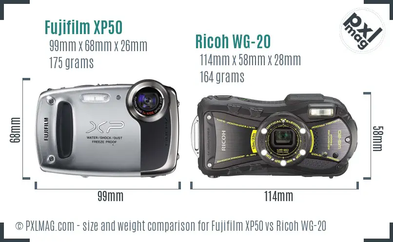 Fujifilm XP50 vs Ricoh WG-20 size comparison