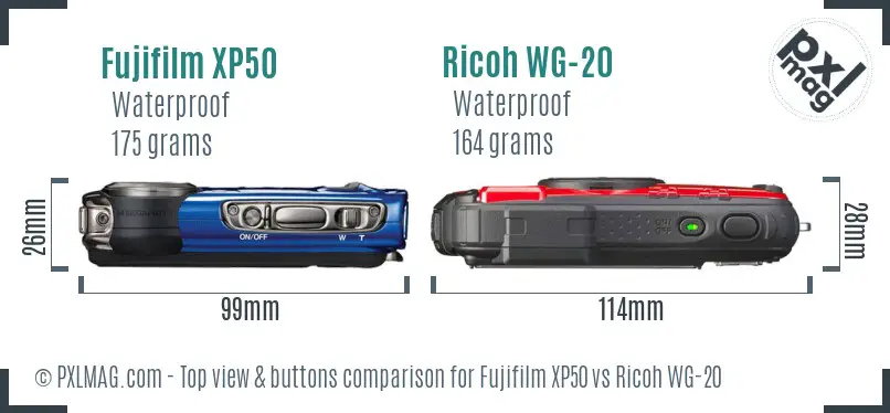 Fujifilm XP50 vs Ricoh WG-20 top view buttons comparison