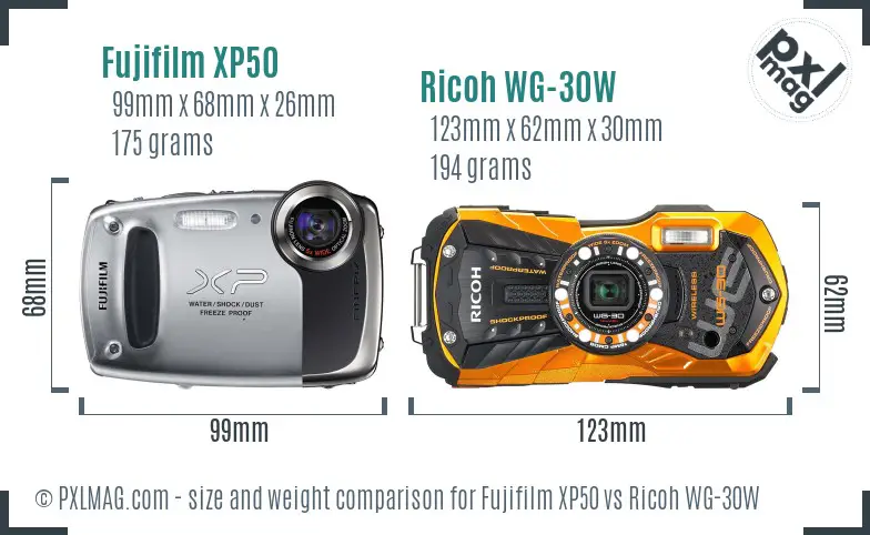 Fujifilm XP50 vs Ricoh WG-30W size comparison