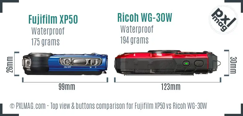 Fujifilm XP50 vs Ricoh WG-30W top view buttons comparison