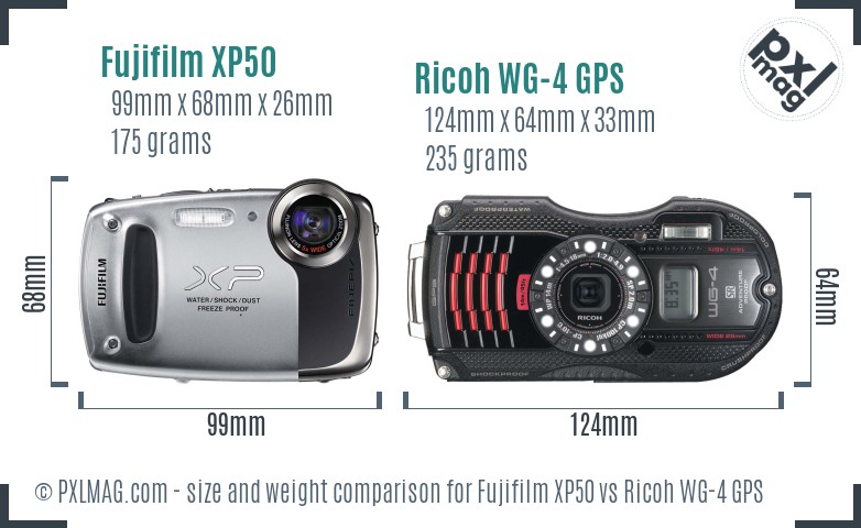 Fujifilm XP50 vs Ricoh WG-4 GPS size comparison