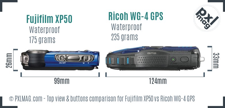 Fujifilm XP50 vs Ricoh WG-4 GPS top view buttons comparison