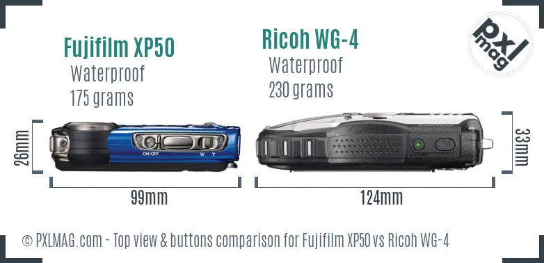Fujifilm XP50 vs Ricoh WG-4 top view buttons comparison Fujifilm XP50 vs Ricoh WG-4 top view buttons comparison