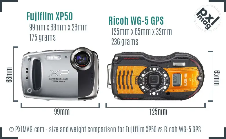 Fujifilm XP50 vs Ricoh WG-5 GPS size comparison