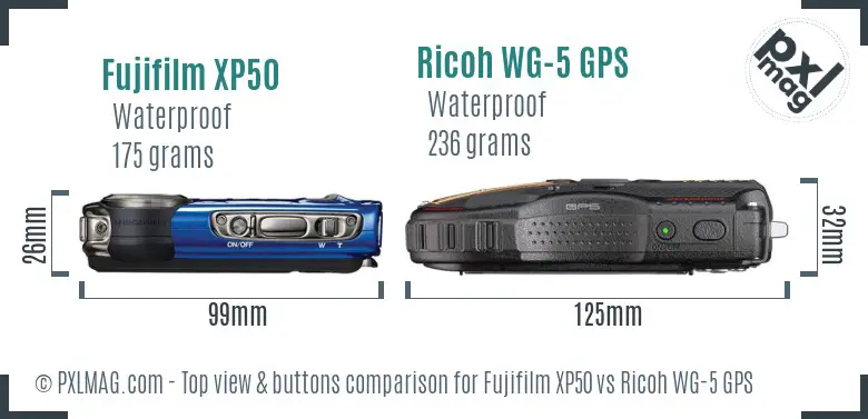 Fujifilm XP50 vs Ricoh WG-5 GPS top view buttons comparison