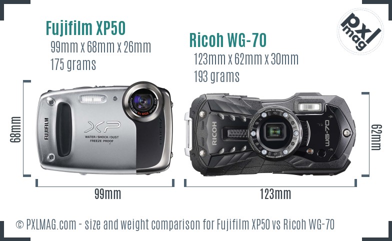 Fujifilm XP50 vs Ricoh WG-70 size comparison