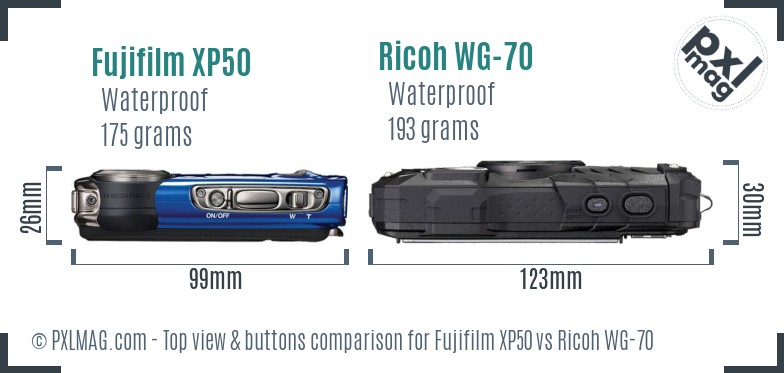 Fujifilm XP50 vs Ricoh WG-70 top view buttons comparison
