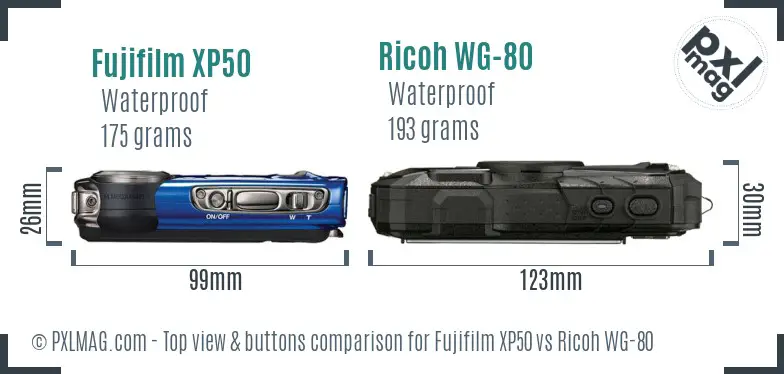 Fujifilm XP50 vs Ricoh WG-80 top view buttons comparison Fujifilm XP50 vs Ricoh WG-80 top view buttons comparison