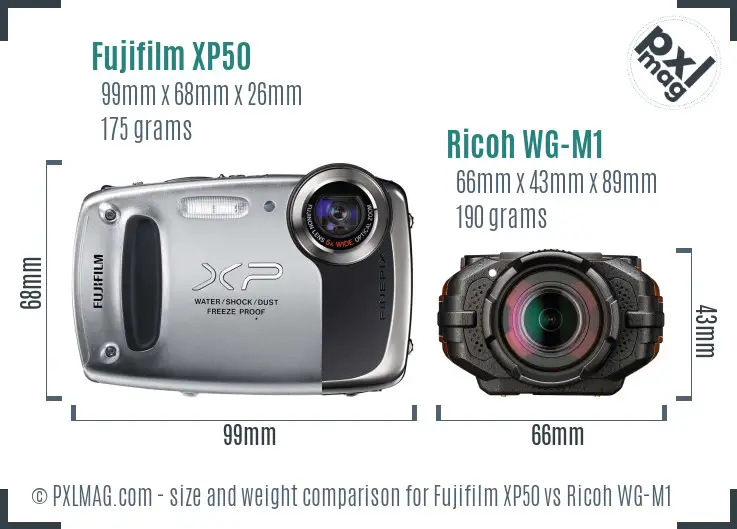 Fujifilm XP50 vs Ricoh WG-M1 size comparison