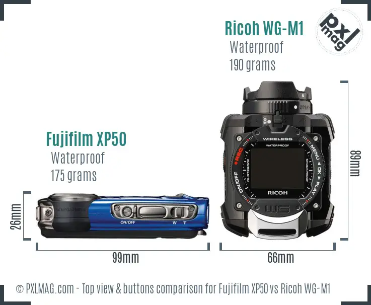 Fujifilm XP50 vs Ricoh WG-M1 top view buttons comparison