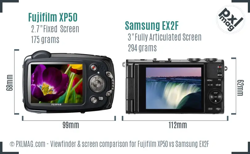 Fujifilm XP50 vs Samsung EX2F Screen and Viewfinder comparison