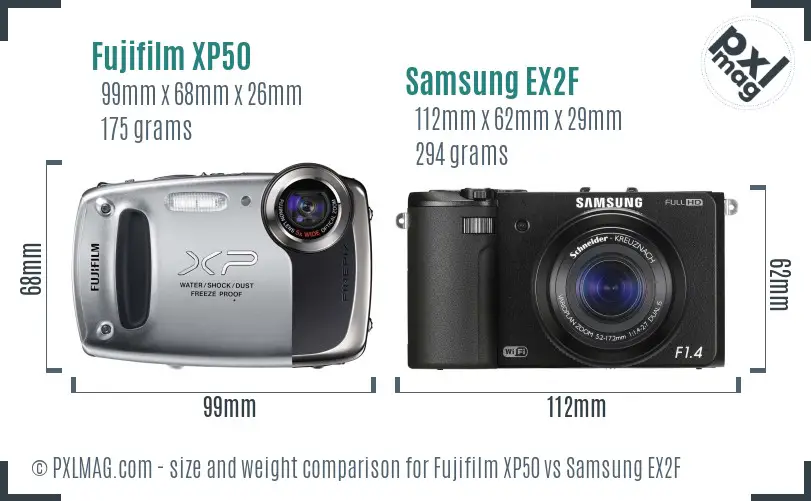 Fujifilm XP50 vs Samsung EX2F size comparison