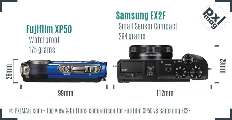 Fujifilm XP50 vs Samsung EX2F top view buttons comparison