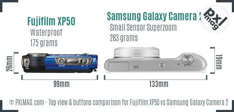 Fujifilm XP50 vs Samsung Galaxy Camera 2 top view buttons comparison Fujifilm XP50 vs Samsung Galaxy Camera 2 top view buttons comparison