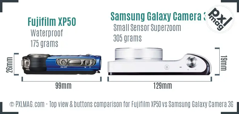 Fujifilm XP50 vs Samsung Galaxy Camera 3G top view buttons comparison Fujifilm XP50 vs Samsung Galaxy Camera 3G top view buttons comparison