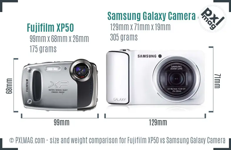 Fujifilm XP50 vs Samsung Galaxy Camera 4G size comparison