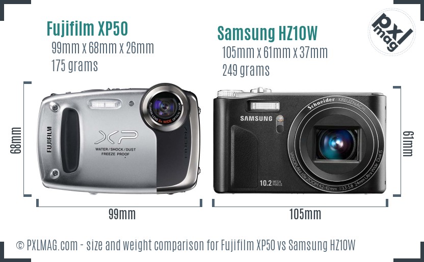 Fujifilm XP50 vs Samsung HZ10W size comparison