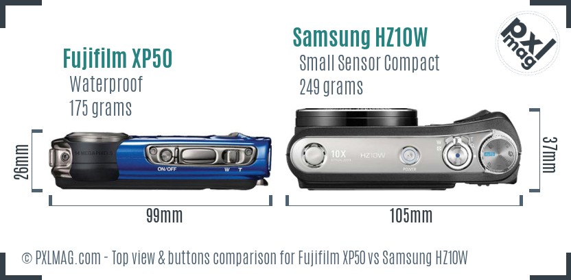 Fujifilm XP50 vs Samsung HZ10W top view buttons comparison