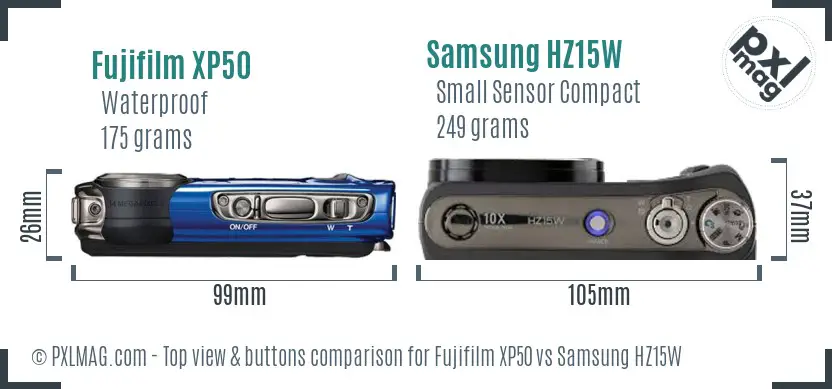Fujifilm XP50 vs Samsung HZ15W top view buttons comparison