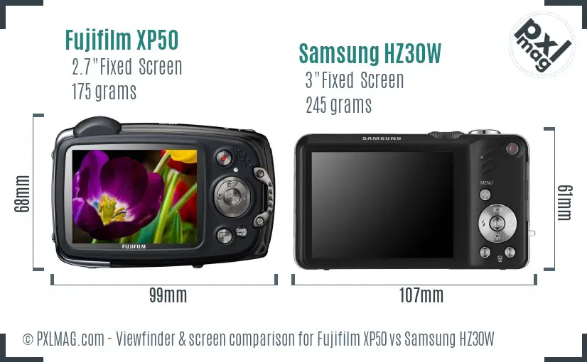 Fujifilm XP50 vs Samsung HZ30W Screen and Viewfinder comparison