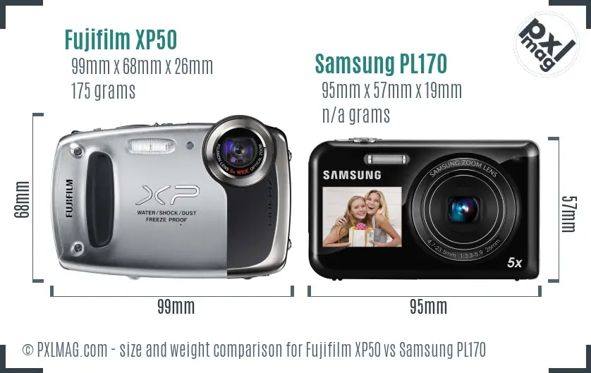 Fujifilm XP50 vs Samsung PL170 size comparison