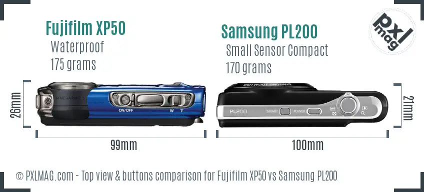 Fujifilm XP50 vs Samsung PL200 top view buttons comparison Fujifilm XP50 vs Samsung PL200 top view buttons comparison