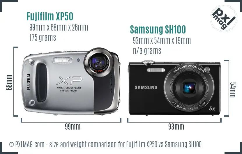 Fujifilm XP50 vs Samsung SH100 size comparison