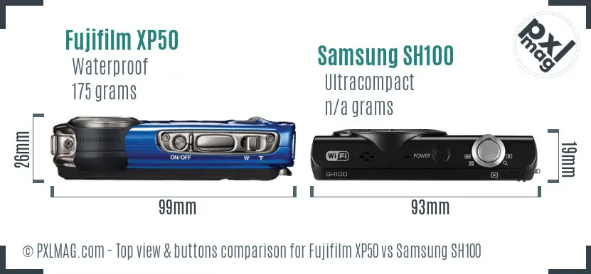 Fujifilm XP50 vs Samsung SH100 top view buttons comparison