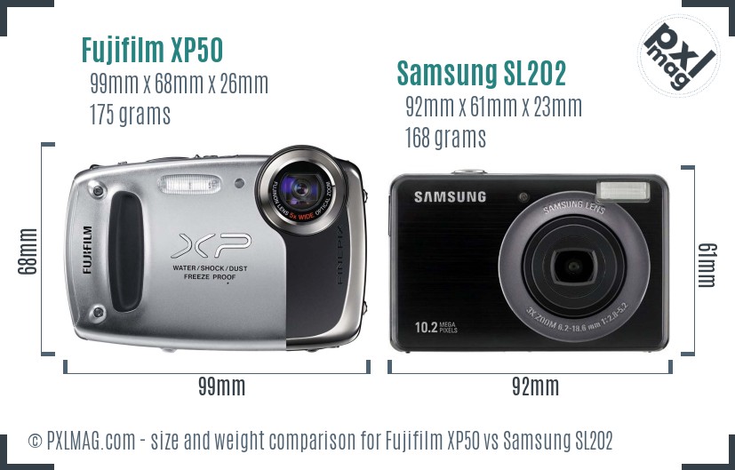 Fujifilm XP50 vs Samsung SL202 size comparison