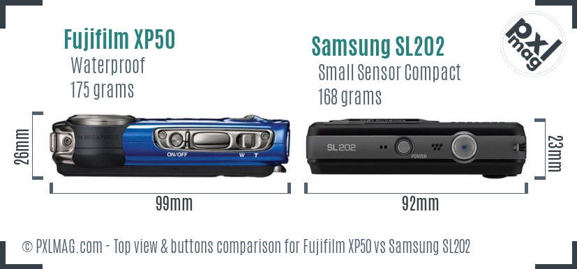 Fujifilm XP50 vs Samsung SL202 top view buttons comparison