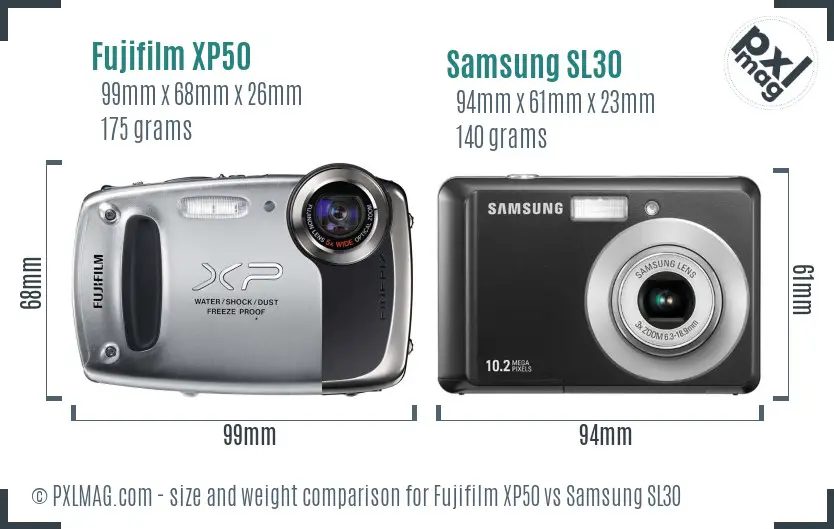 Fujifilm XP50 vs Samsung SL30 size comparison