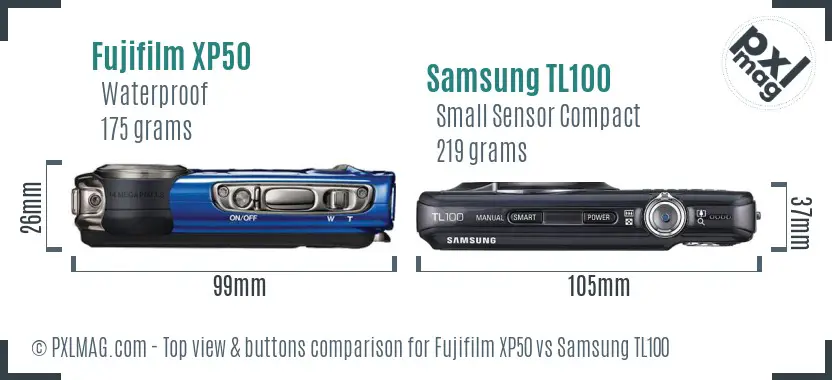 Fujifilm XP50 vs Samsung TL100 top view buttons comparison Fujifilm XP50 vs Samsung TL100 top view buttons comparison