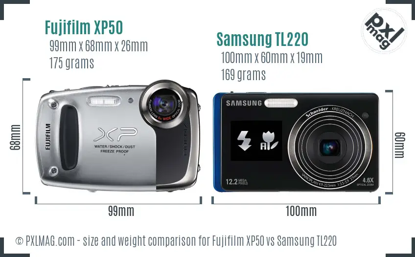 Fujifilm XP50 vs Samsung TL220 size comparison