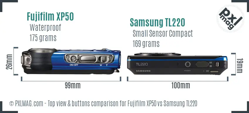 Fujifilm XP50 vs Samsung TL220 top view buttons comparison