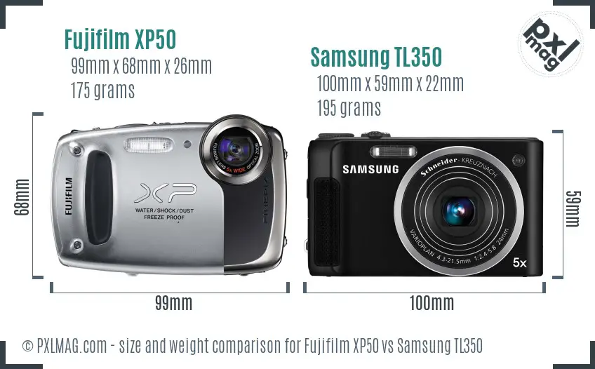 Fujifilm XP50 vs Samsung TL350 size comparison Fujifilm XP50 vs Samsung TL350 size comparison