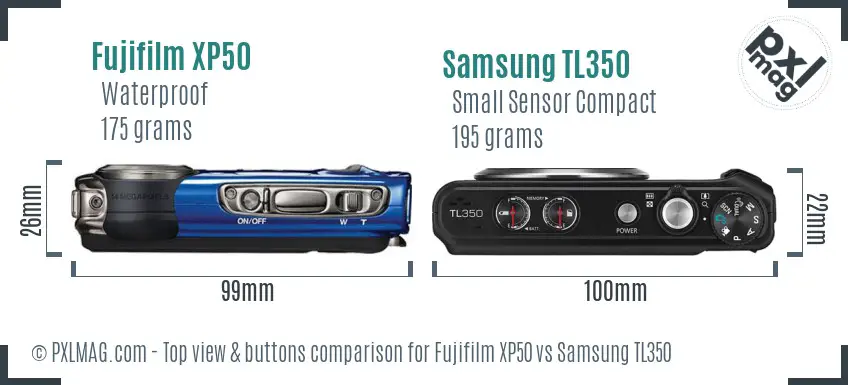 Fujifilm XP50 vs Samsung TL350 top view buttons comparison