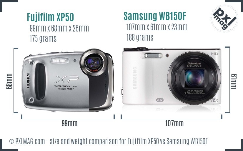 Fujifilm XP50 vs Samsung WB150F size comparison