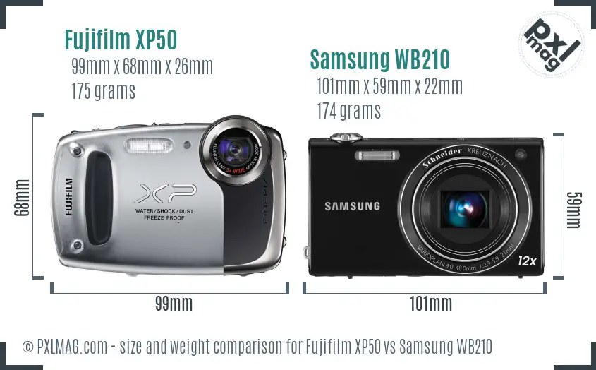 Fujifilm XP50 vs Samsung WB210 size comparison