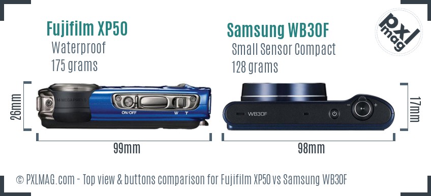 Fujifilm XP50 vs Samsung WB30F top view buttons comparison