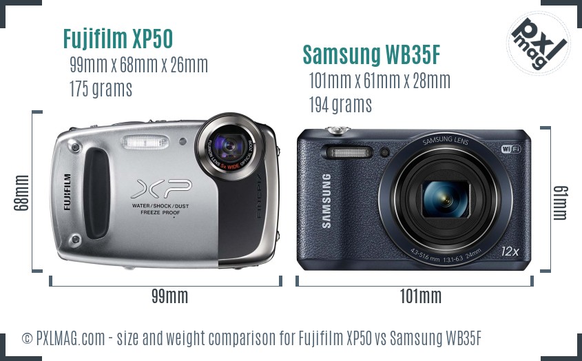 Fujifilm XP50 vs Samsung WB35F size comparison