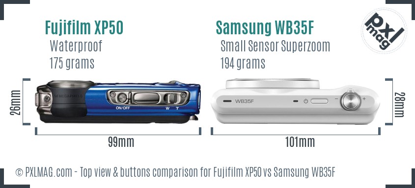 Fujifilm XP50 vs Samsung WB35F top view buttons comparison
