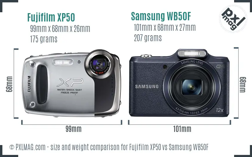 Fujifilm XP50 vs Samsung WB50F size comparison