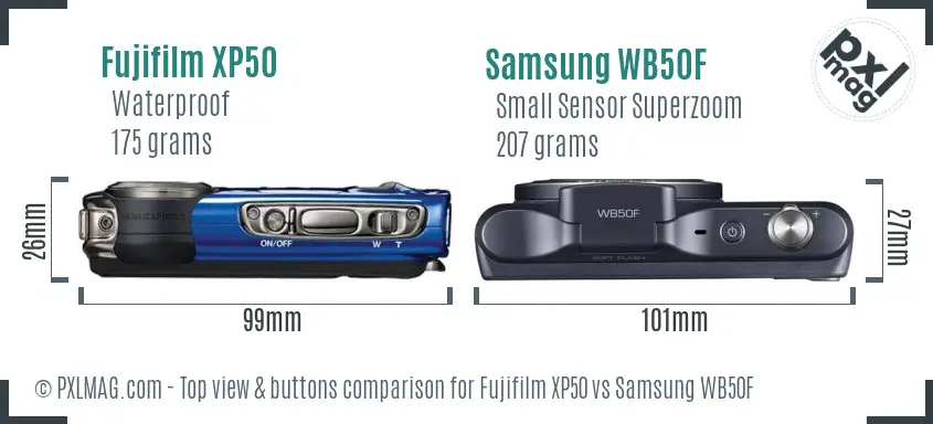 Fujifilm XP50 vs Samsung WB50F top view buttons comparison