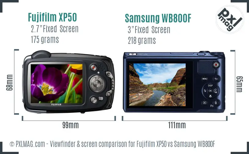 Fujifilm XP50 vs Samsung WB800F Screen and Viewfinder comparison