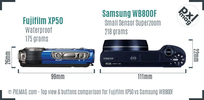 Fujifilm XP50 vs Samsung WB800F top view buttons comparison