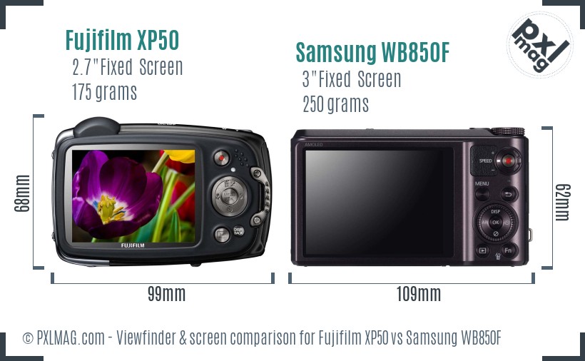 Fujifilm XP50 vs Samsung WB850F Screen and Viewfinder comparison