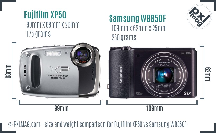 Fujifilm XP50 vs Samsung WB850F size comparison