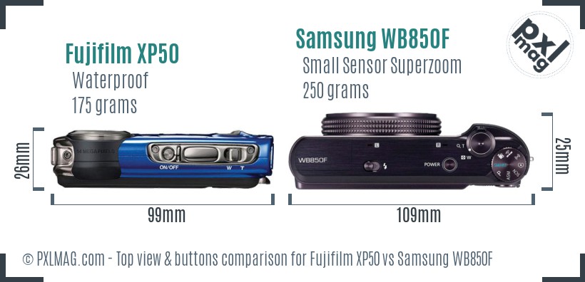 Fujifilm XP50 vs Samsung WB850F top view buttons comparison