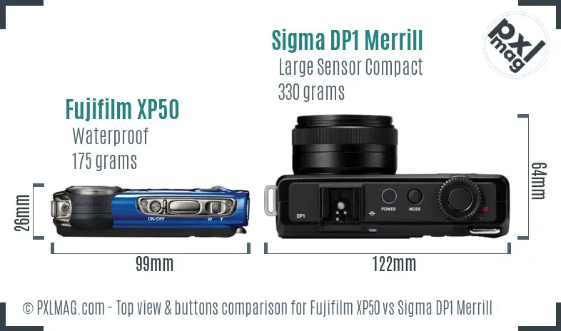 Fujifilm XP50 vs Sigma DP1 Merrill top view buttons comparison